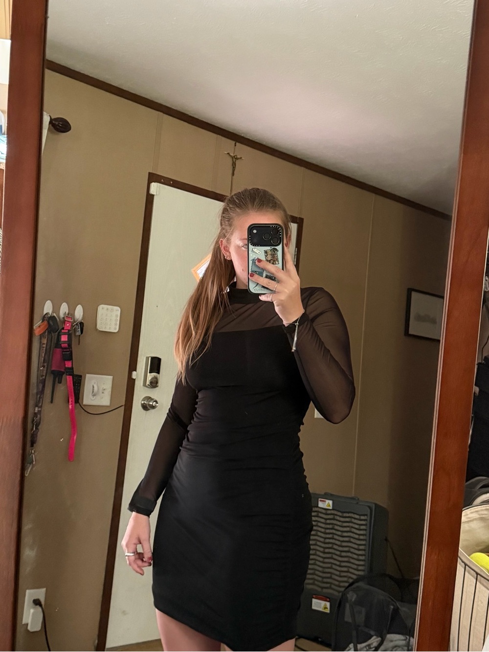 Long Sleeve Black Mesh Panel Bodycon Dress - Women